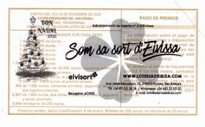 Reverso del d&eacute;cimo 95607 con el sello de la Administraci&oacute;n n&ordm; 3 &laquo;Som sa sort d'Eivissa&raquo;, en Eivissa (Ibiza)